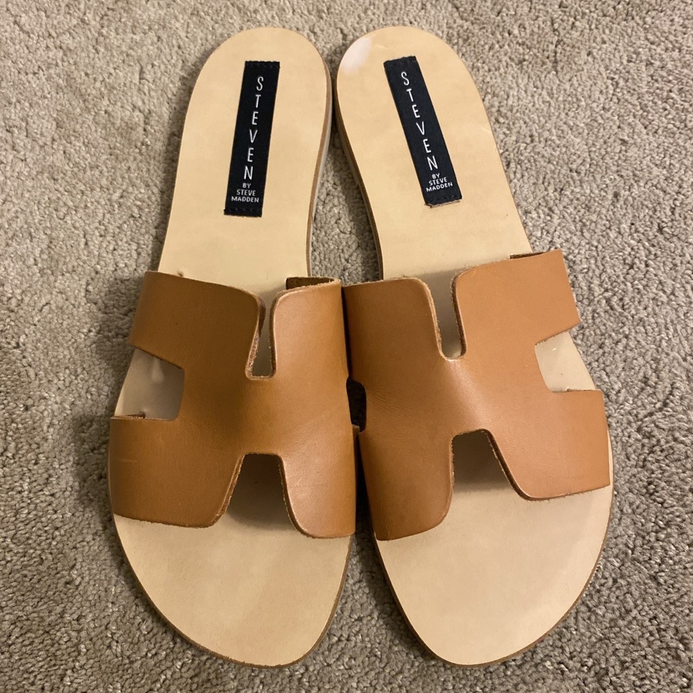 STEVEN BY STEVE MADDEN "GREECE" COGNAC LEATHER SLIDE SANDALS SIZE 10